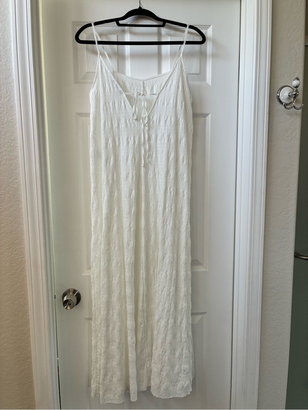 Zara White Textured Maxi Dress with Tie Detail